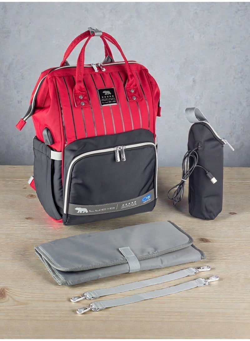 LUCID Custom LUCID USB Charging Multifunctional Waterproof Backpack Diaper Bag for Baby- Red. - Image 1